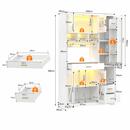 Armário de cozinha 185 x 105 x 40 cm - estilo celeiro, armário alto de arrumação com vitrina, prateleiras ajustáveis, gaveta, iluminação LED com mudança de cor e tomadas - branco