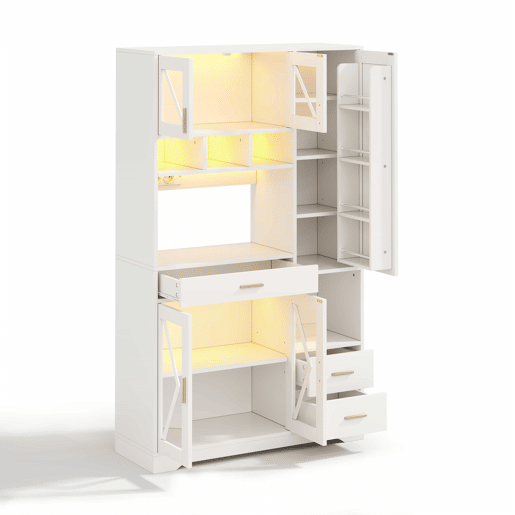 Armário de cozinha 185 x 105 x 40 cm - estilo celeiro, armário alto de arrumação com vitrina, prateleiras ajustáveis, gaveta, iluminação LED com mudança de cor e tomadas - branco