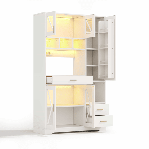 Armário de cozinha 185 x 105 x 40 cm - estilo celeiro, armário alto de arrumação com vitrina, prateleiras ajustáveis, gaveta, iluminação LED com mudança de cor e tomadas - branco