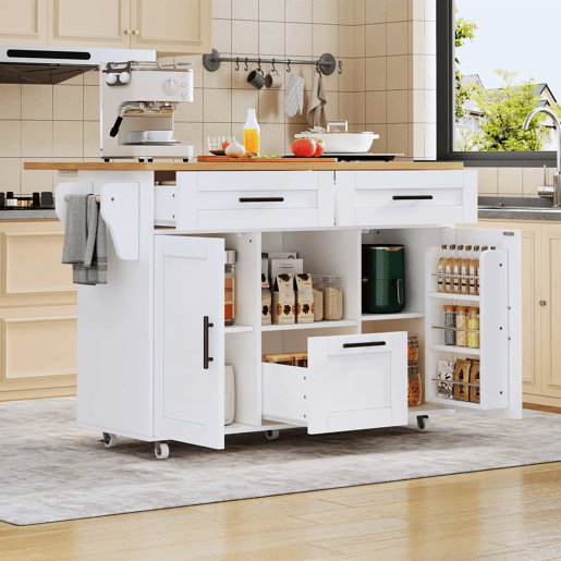 Carrinho de cozinha - Estilo nórdico moderno, rodas universais 360°, prateleiras com gavetas e barra para toalhas, bandeja dobrável e fecho silencioso com mola, design de armazenamento flexível - Branco