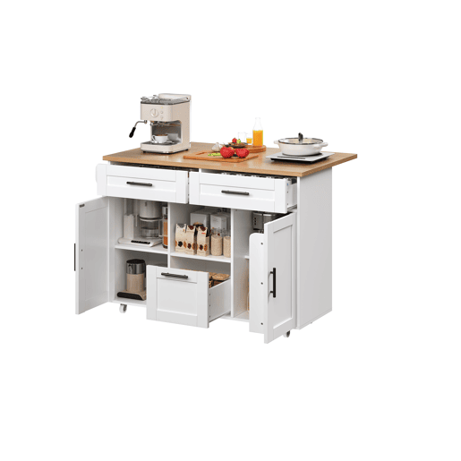 Carrinho de cozinha - Estilo nórdico moderno, rodas universais 360°, prateleiras com gavetas e barra para toalhas, bandeja dobrável e fecho silencioso com mola, design de armazenamento flexível - Branco