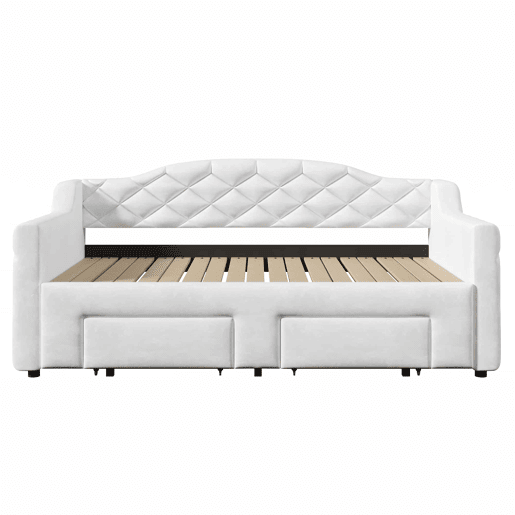 Cama embutida estofada 90x200-180x200 cm - com 2 gavetas e LED - branca