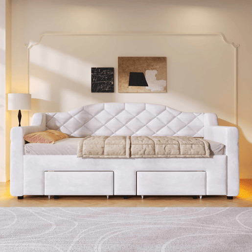 Cama embutida estofada 90x200-180x200 cm - com 2 gavetas e LED - branca