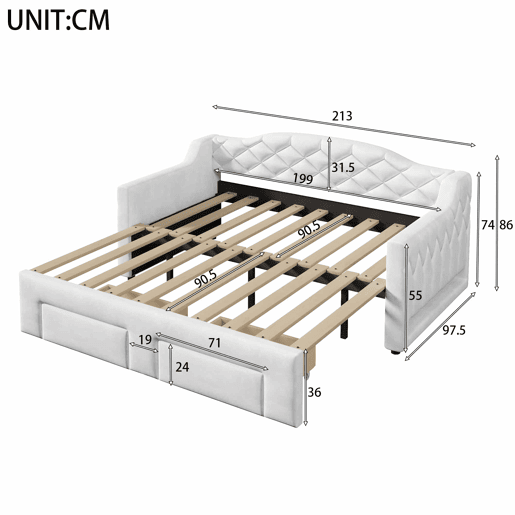 Cama embutida estofada 90x200-180x200 cm - com 2 gavetas e LED - branca