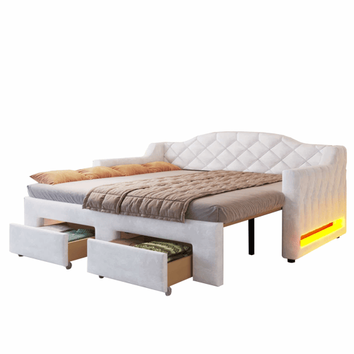 Cama embutida estofada 90x200-180x200 cm - com 2 gavetas e LED - branca