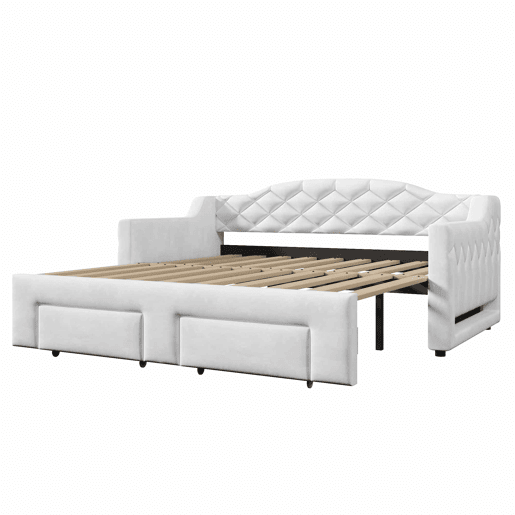 Cama embutida estofada 90x200-180x200 cm - com 2 gavetas e LED - branca