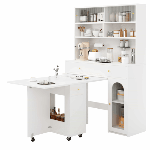 Conjunto de móveis de cozinha - com mesa dobrável e balcão, mesa móvel com rodízios, armário alto com espaço de arrumação - Branco
