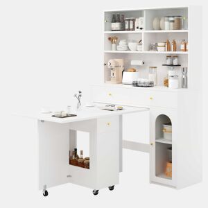 Conjunto de móveis de cozinha - com mesa dobrável e balcão, mesa móvel com rodízios, armário alto com espaço de arrumação - Branco