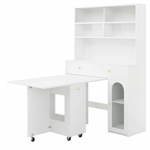 Conjunto de móveis de cozinha - com mesa dobrável e balcão, mesa móvel com rodízios, armário alto com espaço de arrumação - Branco