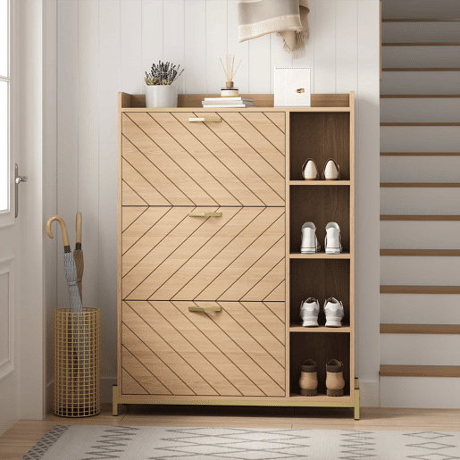 Aparador de entrada ultrafino - estilo nórdico, 3 portas basculantes, grande capacidade, prateleiras laterais abertas, acabamento em veios de carvalho - natural