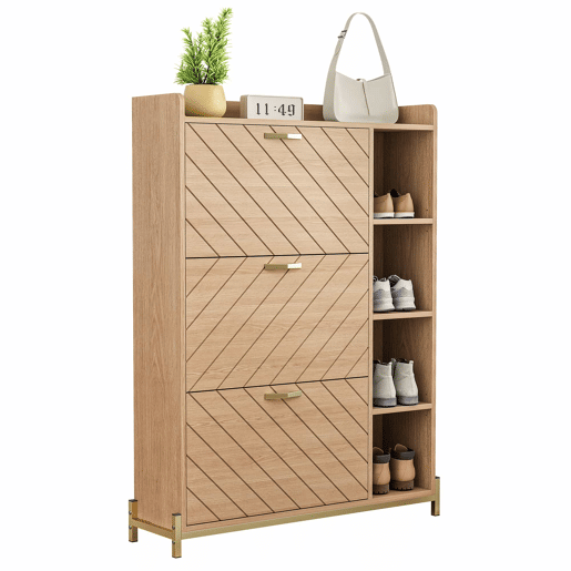Aparador de entrada ultrafino - estilo nórdico, 3 portas basculantes, grande capacidade, prateleiras laterais abertas, acabamento em veios de carvalho - natural