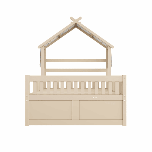 Cama de plataforma em madeira 140x200 cm - em forma de casinha com cama extraível, 3 gavetas e grades de segurança - creme