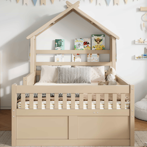 Cama de plataforma em madeira 140x200 cm - em forma de casinha com cama extraível, 3 gavetas e grades de segurança - creme