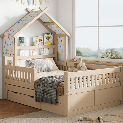 Cama de plataforma em madeira 140x200 cm - em forma de casinha com cama extraível, 3 gavetas e grades de segurança - creme