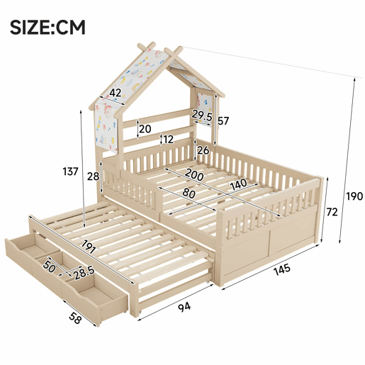 Cama de plataforma em madeira 140x200 cm - em forma de casinha com cama extraível, 3 gavetas e grades de segurança - creme