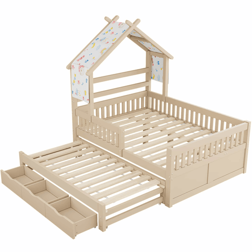 Cama de plataforma em madeira 140x200 cm - em forma de casinha com cama extraível, 3 gavetas e grades de segurança - creme
