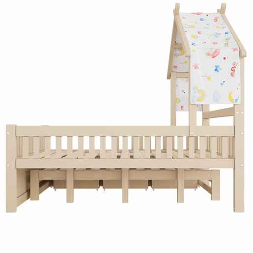 Cama de plataforma em madeira 140x200 cm - em forma de casinha com cama extraível, 3 gavetas e grades de segurança - creme