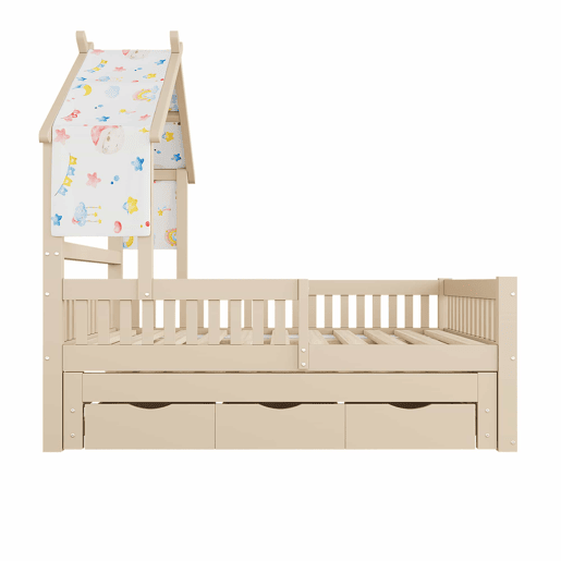 Cama de plataforma em madeira 140x200 cm - em forma de casinha com cama extraível, 3 gavetas e grades de segurança - creme