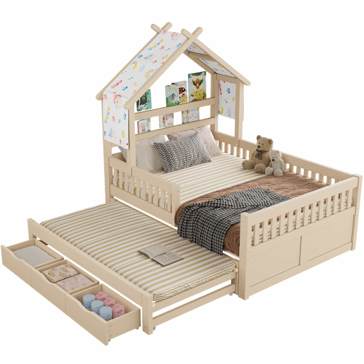 Cama de plataforma em madeira 140x200 cm - em forma de casinha com cama extraível, 3 gavetas e grades de segurança - creme