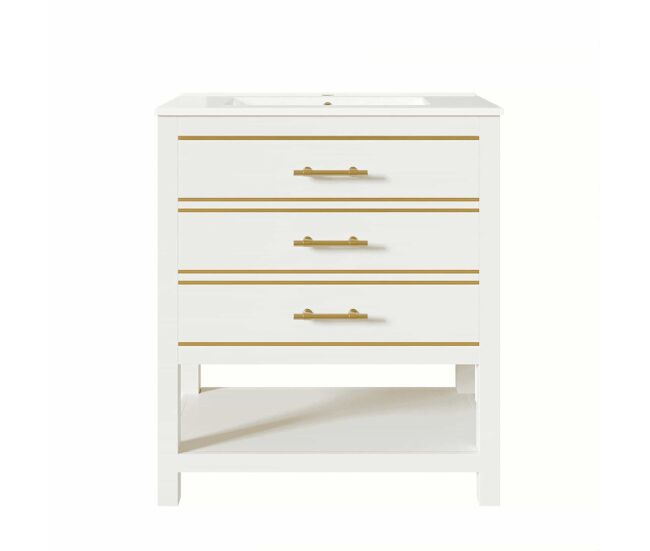 Mueble de baño con lavabo de cerámica - mueble independiente con 2 cajones y estante abierto - color blanco y dorado