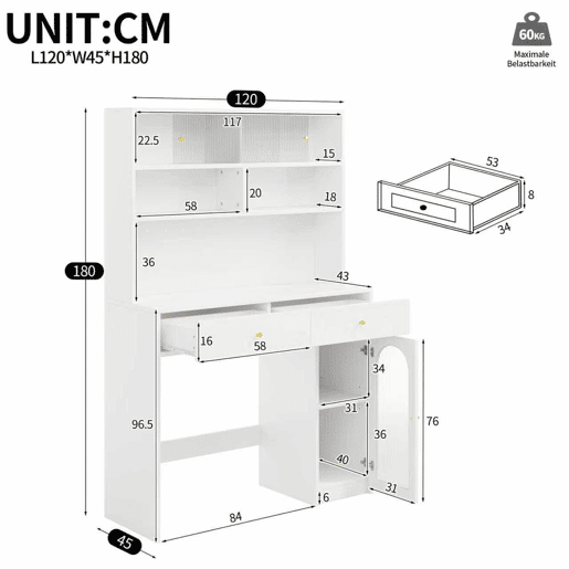 Móvel de cozinha + tamanho padrão - com balcão integrado, 2 gavetas, prateleira ajustável e espaço aberto - branco