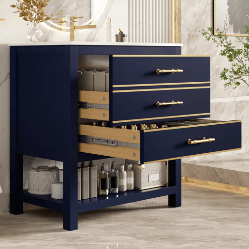 Móvel de casa de banho com lavatório em cerâmica - Móvel independente com 2 gavetas e prateleira aberta, tampo em MDF lacado, puxadores dourados - Preto + Azul
