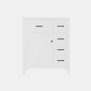 Móvel de casa de banho 76 x 46 x 90 cm - 4 gavetas silenciosas, porta com prateleiras, lavatório de cerâmica integrado, puxadores pretos - Branco