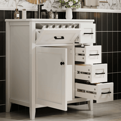 Móvel de casa de banho 76 x 46 x 90 cm - 4 gavetas silenciosas, porta com prateleiras, lavatório de cerâmica integrado, puxadores pretos - Branco