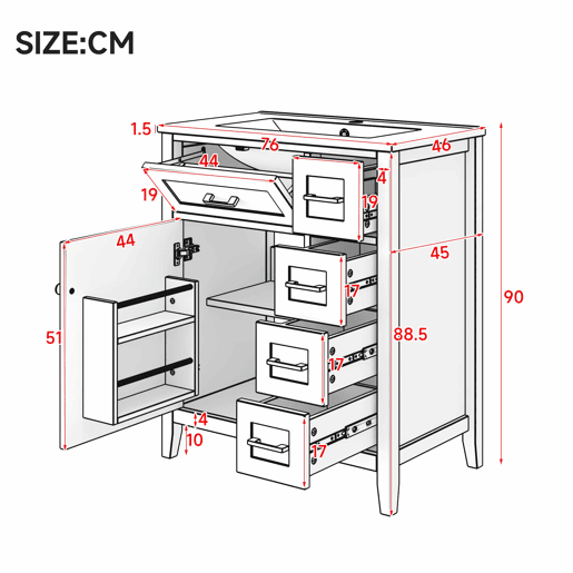 Móvel de casa de banho 76 x 46 x 90 cm - 4 gavetas silenciosas, porta com prateleiras, lavatório de cerâmica integrado, puxadores pretos - Branco