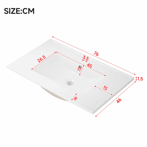Móvel de casa de banho 76 x 46 x 90 cm - 4 gavetas silenciosas, porta com prateleiras, lavatório de cerâmica integrado, puxadores pretos - Branco