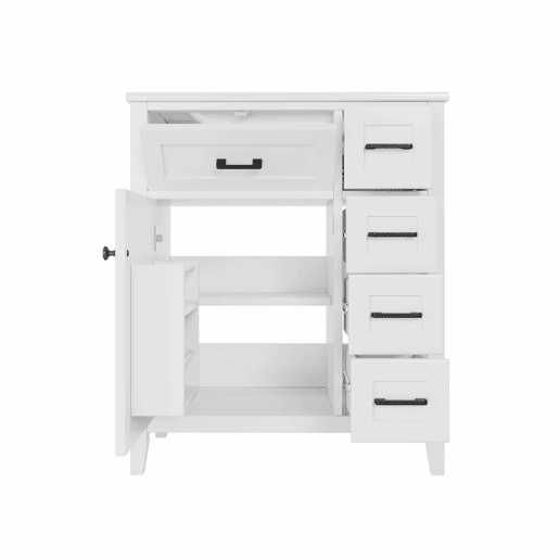 Móvel de casa de banho 76 x 46 x 90 cm - 4 gavetas silenciosas, porta com prateleiras, lavatório de cerâmica integrado, puxadores pretos - Branco