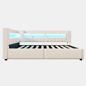 Cama individual 140×200 cm - Armazenamento hidráulico, USB Tipo-C, iluminação LED, sofá-cama, estilo minimalista - Bege