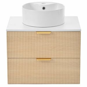 Móvel de casa de banho suspenso de 60 cm - lavatório redondo em cerâmica, frentes com efeito de madeira e padrão às riscas, MDF de alta qualidade, grande capacidade de arrumação com 2 gavetas + bancada - Madeira natural