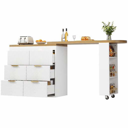 Mesa de bar - 6 gavetas, mesa multifuncional giratória a 360°, aparador com sistema anti-tombamento - Branco