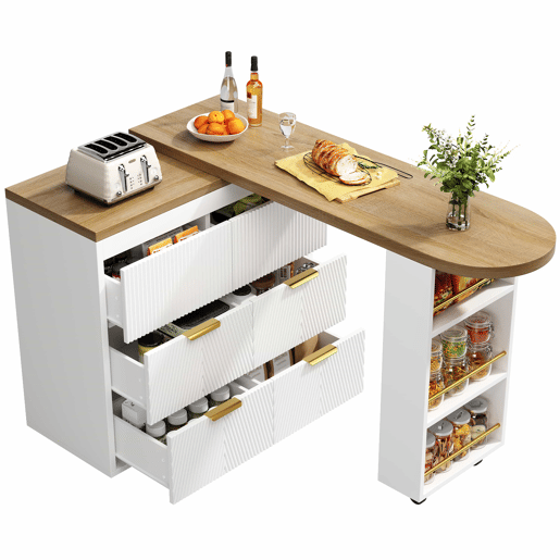 Mesa de bar - 6 gavetas, mesa multifuncional giratória a 360°, aparador com sistema anti-tombamento - Branco