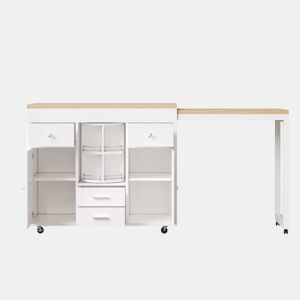 Mesa de bar extensível - carrinho de cozinha com rodas, organizador giratório a 360°, prateleiras ajustáveis e toalheiro - branco