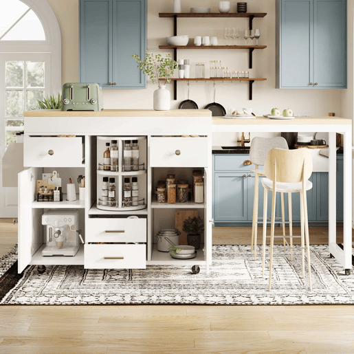 Mesa de bar extensível - carrinho de cozinha com rodas, organizador giratório a 360°, prateleiras ajustáveis e toalheiro - branco