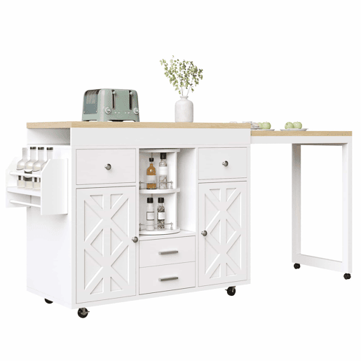 Mesa de bar extensível - carrinho de cozinha com rodas, organizador giratório a 360°, prateleiras ajustáveis e toalheiro - branco