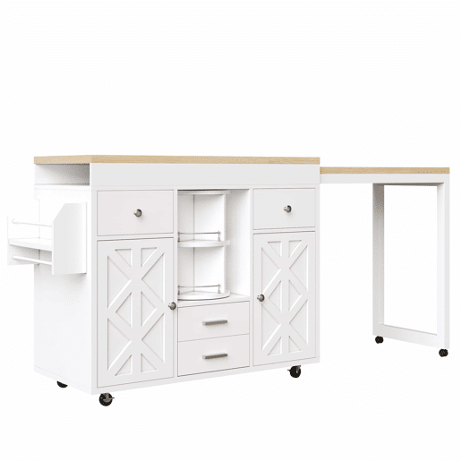 Mesa de bar extensível - carrinho de cozinha com rodas, organizador giratório a 360°, prateleiras ajustáveis e toalheiro - branco