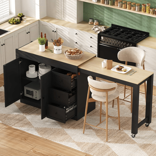 Ilha de cozinha 130 cm - com rodas, área de jantar extensível, prateleira para especiarias e gavetas, ilha de cozinha móvel independente - Preto