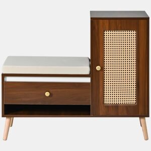 Sapateira com banco 95,5x35x80,5 cm - Rattan, com almofada, gavetas e prateleiras abertas, 1 porta - Nogueira