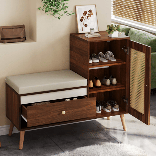 Sapateira com banco 95,5x35x80,5 cm - Rattan, com almofada, gavetas e prateleiras abertas, 1 porta - Nogueira