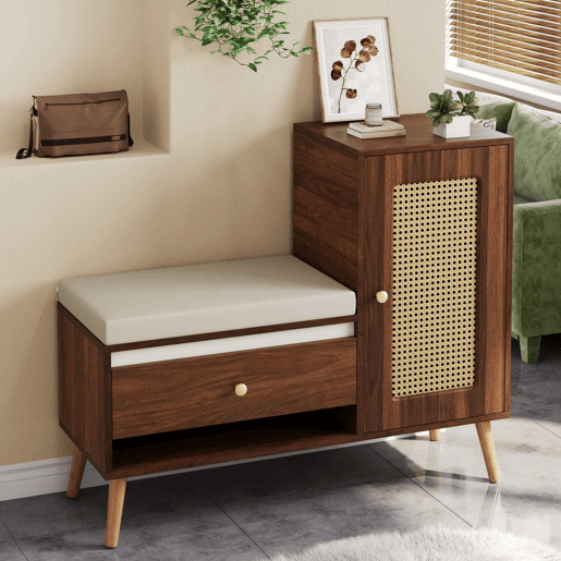 Sapateira com banco 95,5x35x80,5 cm - Rattan, com almofada, gavetas e prateleiras abertas, 1 porta - Nogueira