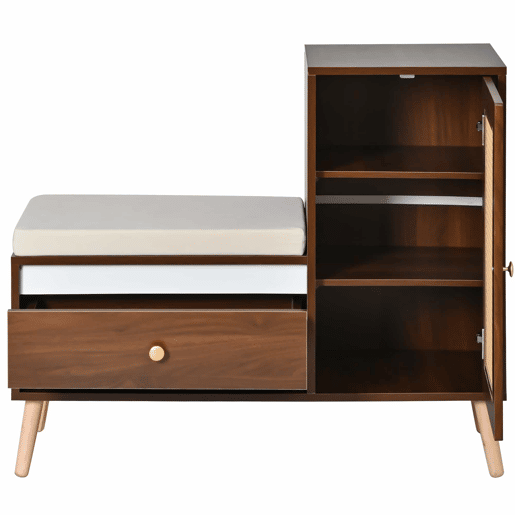 Sapateira com banco 95,5x35x80,5 cm - Rattan, com almofada, gavetas e prateleiras abertas, 1 porta - Nogueira