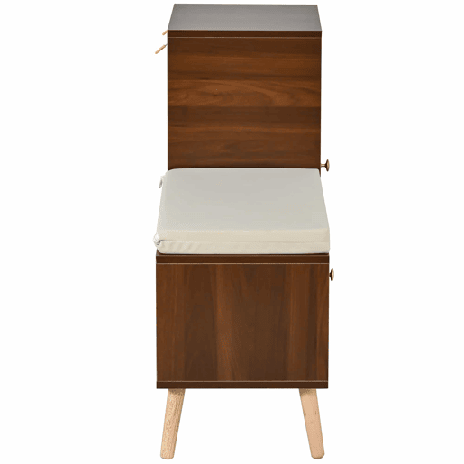 Sapateira com banco 95,5x35x80,5 cm - Rattan, com almofada, gavetas e prateleiras abertas, 1 porta - Nogueira