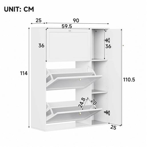 Sapateira estreita 90x25x114 cm - 3 portas e 1 compartimento, com divisórias ajustáveis - Branco