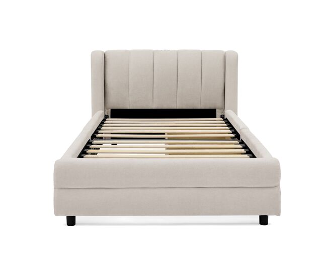 Cama individual 90x200 cm - con almacenamiento lateral, puerto usb, chenilla, ergonómica - beige
