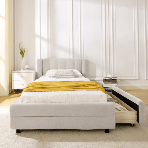 Cama individual 90x200 cm - com arrumação lateral, porta USB, chenille, ergonómica - bege