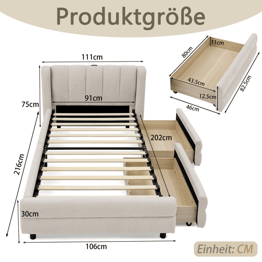 Cama individual 90x200 cm - com arrumação lateral, porta USB, chenille, ergonómica - bege