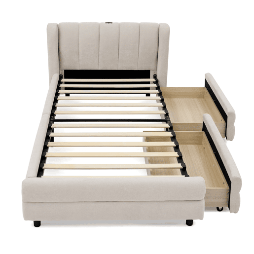 Cama individual 90x200 cm - com arrumação lateral, porta USB, chenille, ergonómica - bege